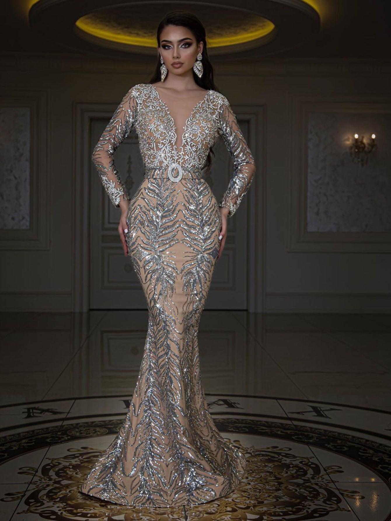 Hot Goldfish Tail Floor Mopping Evening Dress Women's Long Sleeve Slim Design Sexy Banquet Party Wedding Toast Dress Temperament Long Dress