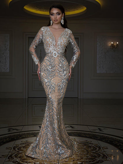 Hot Goldfish Tail Floor Mopping Evening Dress Women's Long Sleeve Slim Design Sexy Banquet Party Wedding Toast Dress Temperament Long Dress