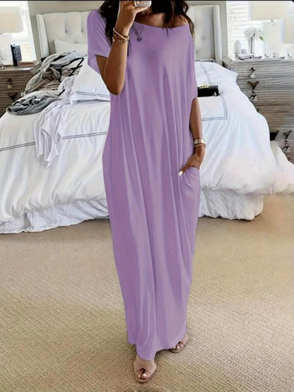 Women's Solid Color Batwing Sleeve Lounge Dress, Casual Comfy Short Sleeve Nightdress for Daily Wear, Loungewear, Ladies Sleepwear for All Seasons