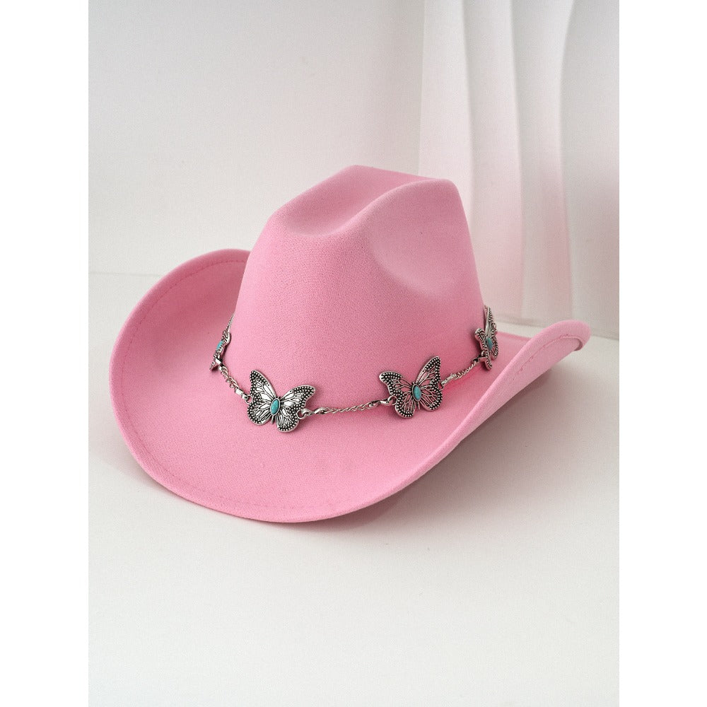Women'S Bohemian Turquoise & White Cowboy Hat - Felt Wide Brim Sun Hat with Butterfly Metal Chain Accent, Non-Stretch Formal & Western Style for Christmas, Festivals, Casual Attire - Hand Washable Elegant Felt Cowboy Cap, Cow