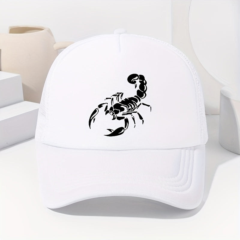 Unisex Scorpion Print Baseball Cap - Breathable Mesh Trucker Hat with Adjustable Fit for Outdoor Sports, Fishing & Casual Wear, Black with White Scorpion Design, Spring/Summer Collection, Spring Summer Cap | Stylish Headgear