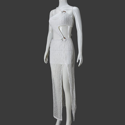2025 New White One-Shoulder Cutout Dress - Waist-Baring Lace-Up High Split Maxi Dress | European American Luxury Vacation Date Elegant Formal Gown