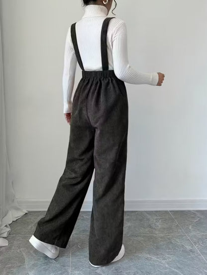 Women's Dark Gray Corduroy Jumpsuit - Wide-Leg Double-Shoulder Strap Romper with Collar & Double Button Closure, All-Season Casual to Semi-Formal Outfit (Hand Washable) for, Weddings, Parties - Corduroy Suit
