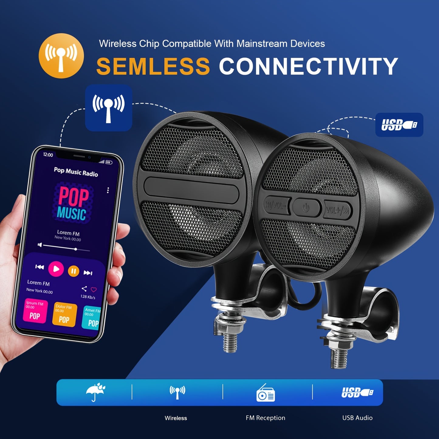 Motorcycle Speakers Waterproof Wireless Motorcycle Audio Stereo Speaker System with USB AUX Mp3 Music Player Fit for 1'' to 1.3'' Handlebar