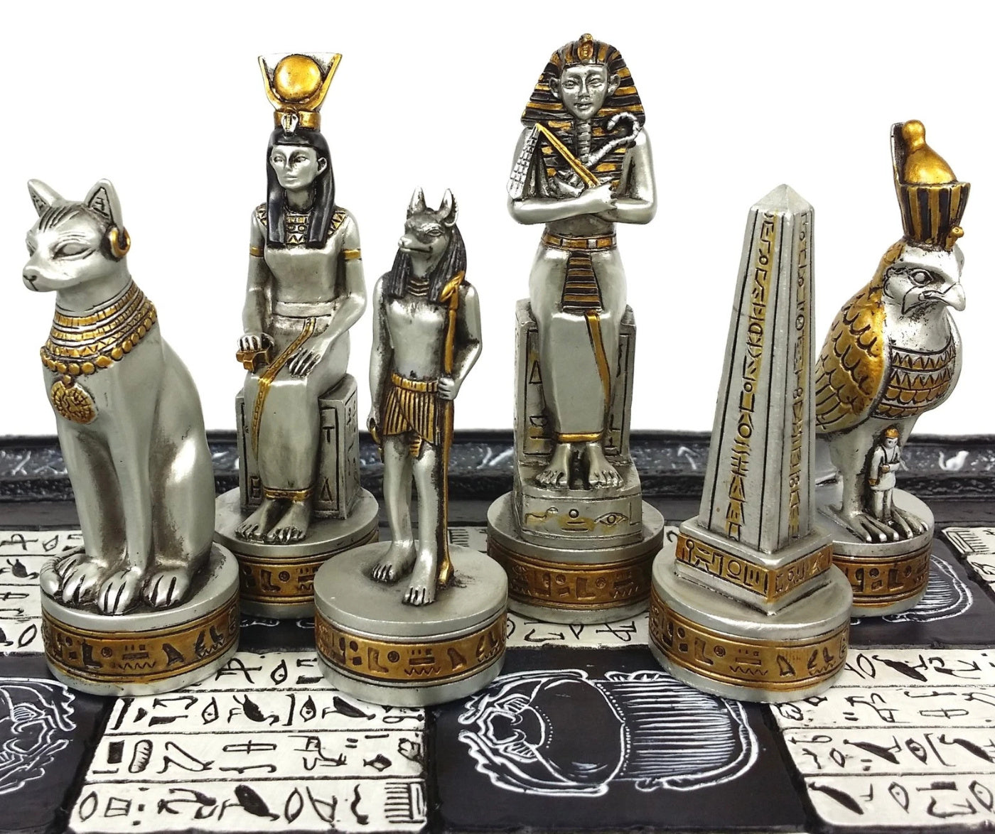 Egyptian Anubis Black Silver and Gold Chess Set w/ 16" Hieroglyphics Board – Top Trending Chess Set, Best Seller, Limited Stock, Fast Shipping, Popular Choice, Must-Have, Top Rated, Customer Favorite, Top Hot Seller, Perfec
