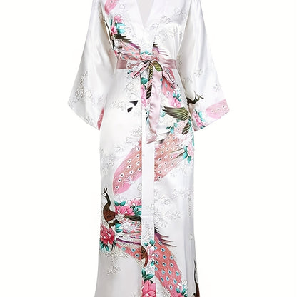 Elegant Floral Kimono Women's Robe - Soft and Light Beige-Friendly V-Neck Geometric Pattern All-Season Comfortable Casual Pajamas Pajamas