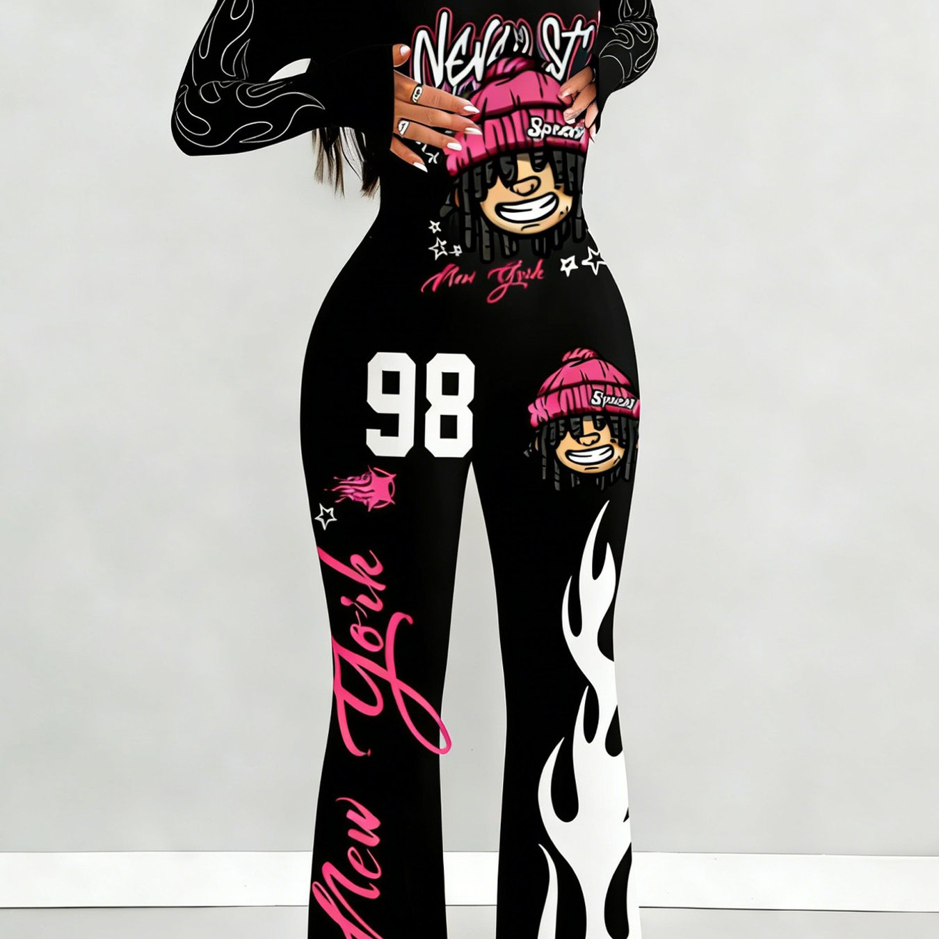 Women'S Jumpsuit | Sexy Hot Outfit, Loose U-Neck Cut, Slim Fit, Black Base Cartoon Print, Long Sleeve Design, Flared Leg Style, Suitable for Outdoor, Versatile Use, Fits Multiple Occasions, Elastic Fabric