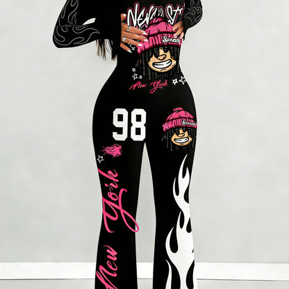 Women'S Jumpsuit | Sexy Hot Outfit, Loose U-Neck Cut, Slim Fit, Black Base Cartoon Print, Long Sleeve Design, Flared Leg Style, Suitable for Outdoor, Versatile Use, Fits Multiple Occasions, Elastic Fabric