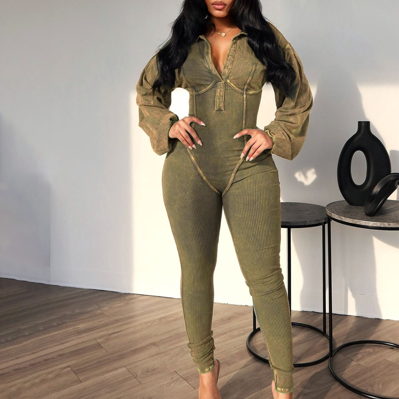 Fashion Women's Clothing Washed and Distressed Sexy Deep V Tight Long Sleeve Autumn and Winter Jumpsuit