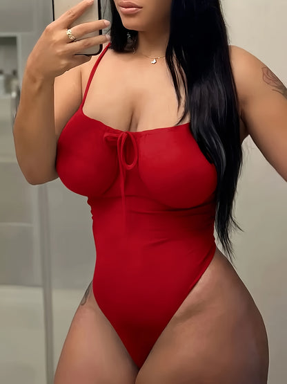 Plus Size - Ladies' Strap Bow Tie Halter Bodysuit, Plus Size Summer Outfit, Form-Fitting Jumpsuit, Sexy Attire | - Blend | Floral Lace Details | Sleeveless, Open Back Design | Stretchy And Comfortable | Machine Washable | Ver