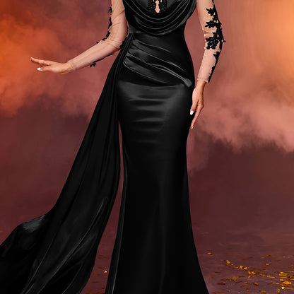 Elegant Long Ladies' Gown with Lace Detail | Solid Color, Contrast Mesh, Long Sleeve, Gown Hem, Ideal for Christmas, Birthday, Graduation, Travel