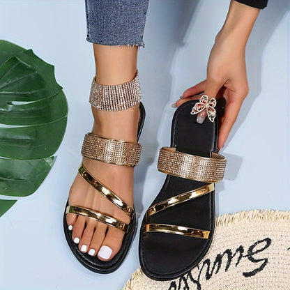 Glittering Rhinestone Sandals for Ladies - Comfortable Open-Toe Flats Suitable for Both Indoor And Outdoor Use.