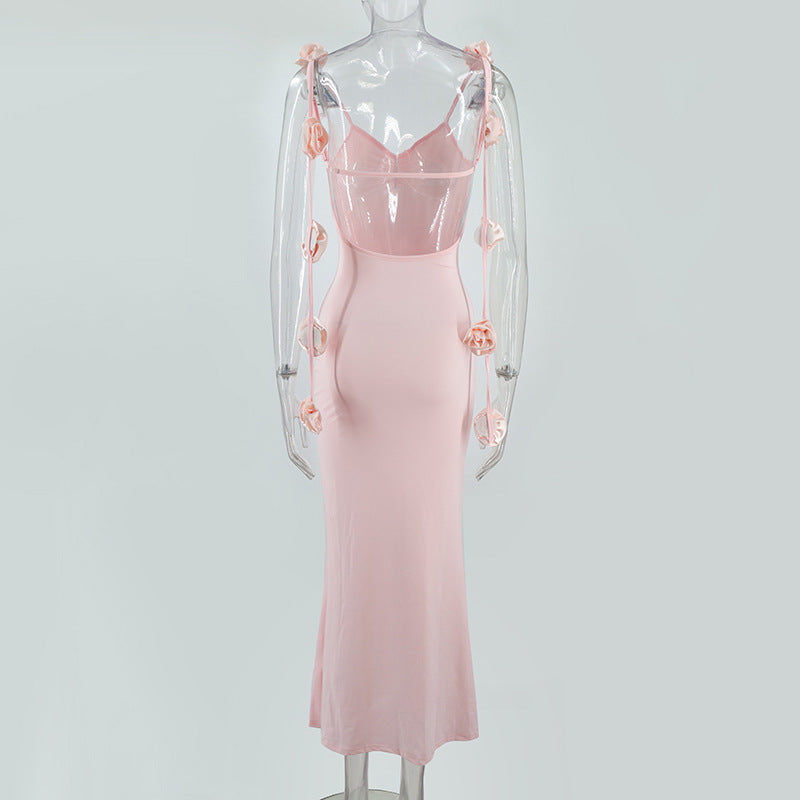 Women's Elegant Backless Evening Gown with 3D Flower Strap - Long Formal Wedding Dress, Prom Dress, Party Dress - Solid Color Round Neck All-Season Hand Washable Dress for Special Occasions