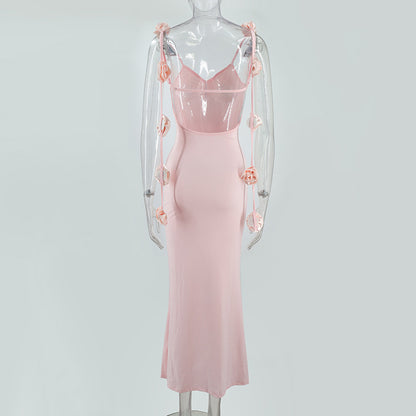 Women's Elegant Backless Evening Gown with 3D Flower Strap - Long Formal Wedding Dress, Prom Dress, Party Dress - Solid Color Round Neck All-Season Hand Washable Dress for Special Occasions