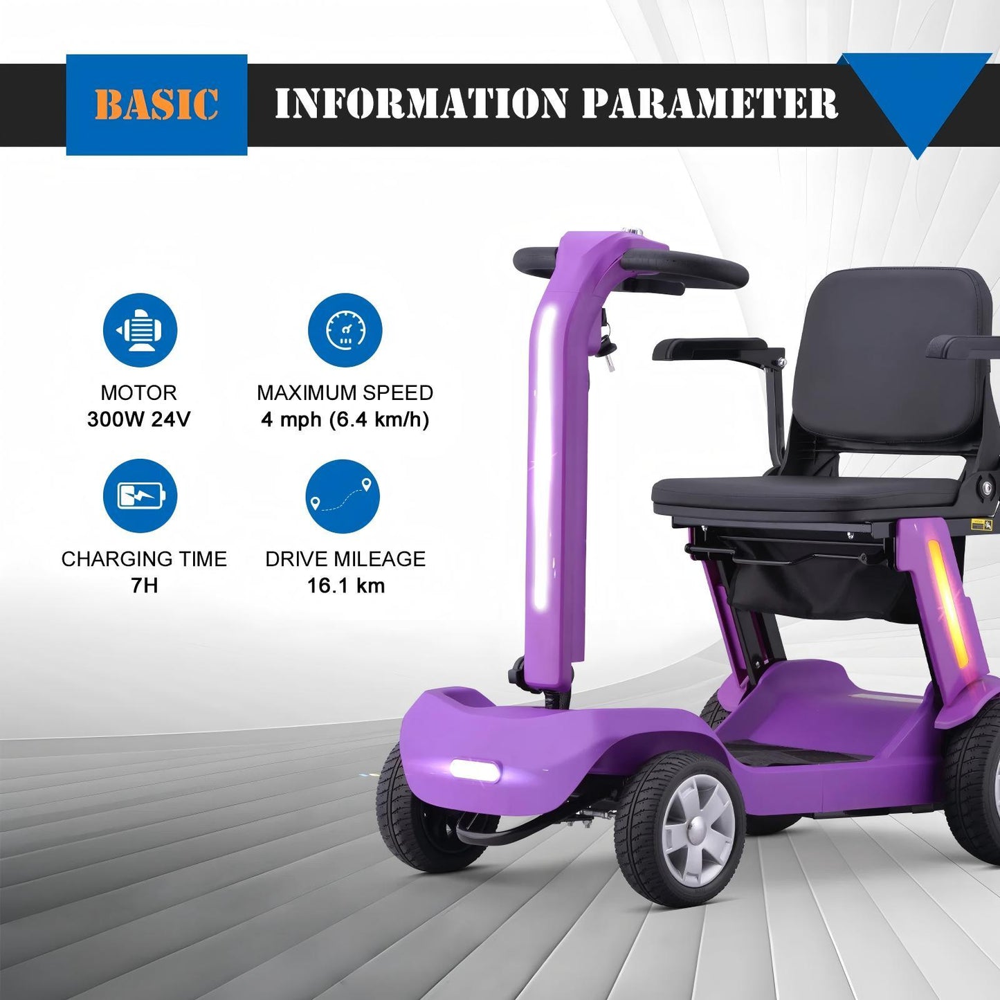 Foldable Mobility Scooter for Adults & Senior, 4 Wheels Powered Device for Travel, Lightweight and Portable, with LED Strip Light, Storage Bag, Charger Included, No Assemble Required