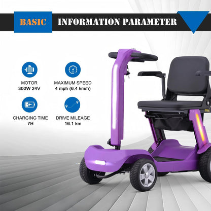 Foldable Mobility Scooter for Adults & Senior, 4 Wheels Powered Device for Travel, Lightweight and Portable, with LED Strip Light, Storage Bag, Charger Included, No Assemble Required