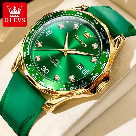 OLEVS Men'S Glossy Quartz Watch - Luxury Business Casual, Classic Green Dial with Date Calendar, Silicone Strap, Round Case, Battery Operated (Button Cell) for Everyday & Formal Wear, Formal Timepiece, Elegant Timepiece