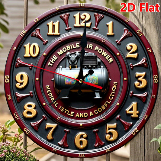 10 Inch Industrial Air Compressor Dial Wall Clock - Vintage Industrial Style Silent Non-Ticking Battery Operated Round Clock with Air Compressor Gauge Face, Large Black Hands & Golden Numbers for, Workshop, Office, Cafe (Wood