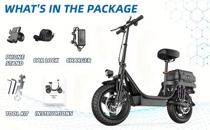 Peak Power 740W Electric Scooter With Free Seat & Basket - 48V10/15AH Battery, Dual Suspension, 20MPH, 10-35 Miles, LCD Display, 330lbs Max Load (Best For Commuting) Folding Ebike Adult Mini Electric Bike Equipped With Intell