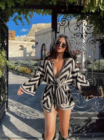 Women'S Chic Black & White Striped Belted Cardigan - Long Sleeve Open Front Sweater with Adjustable Waist Tie, Loose Fit Winter Coat for Everyday & Formal Outfits - Elegant Layering Piece for Fall/Winter Seasons, Cardigan Swe