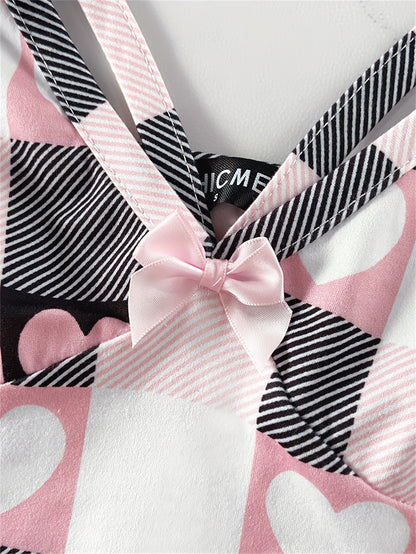 Heart Plaid Print Spaghetti Strap V Neck Slim Fit Slit Sleepwear