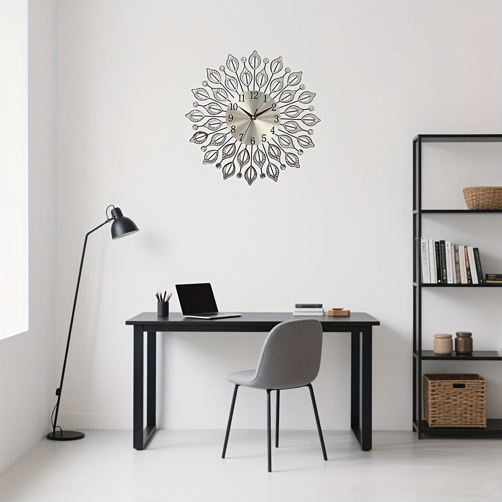 1pc silent decorative wall clock, 15.35 inch black metal material, with easy to read numbers, acrylic leaf rhinestones design, suitable for multiple places such as living room and bedroom, and a new house gift, Living Room Wa
