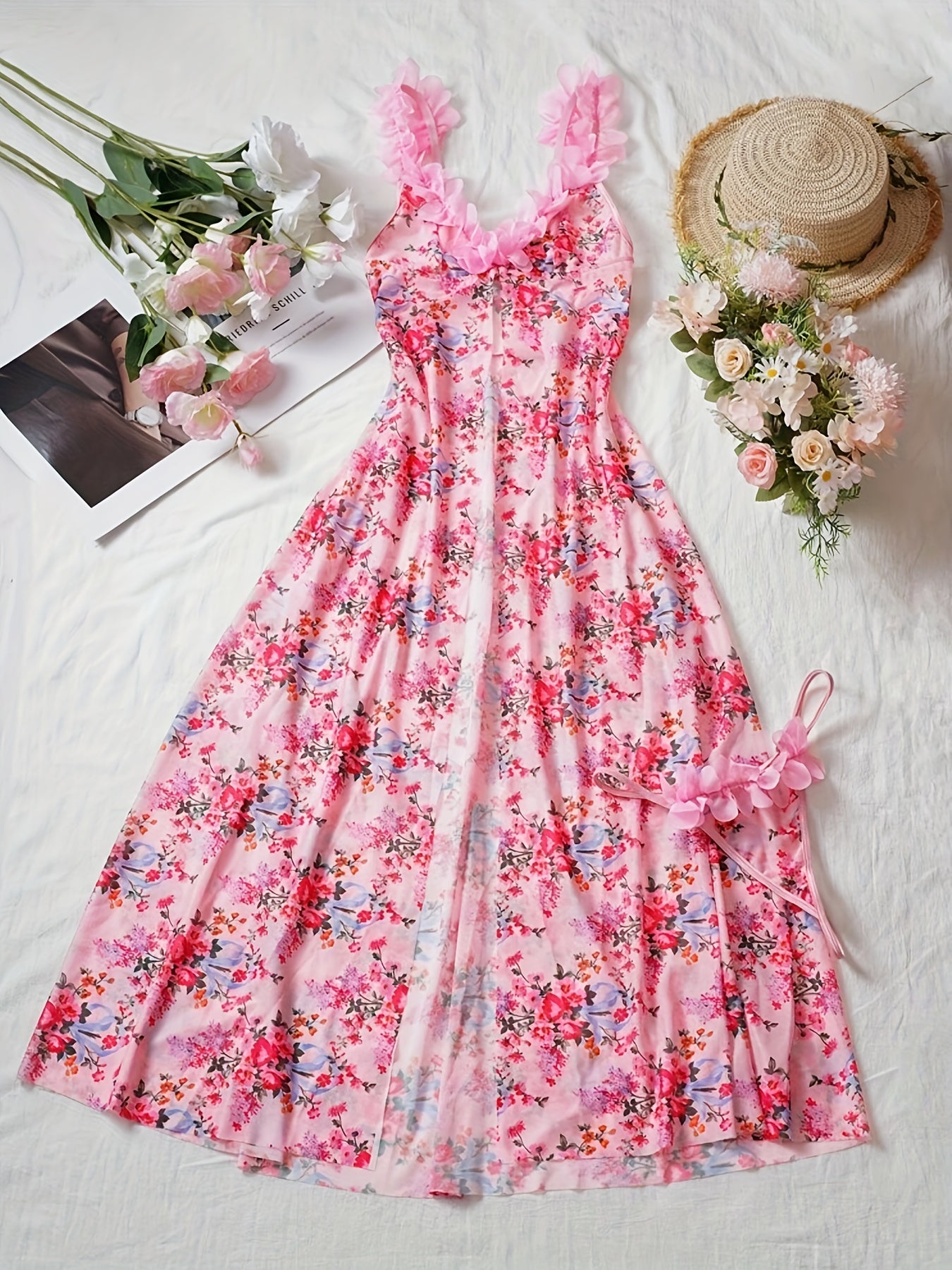 Women's Sexy Lace and 3D Floral Mesh Nightgown Set- Strapless A-line Nightdress with Front Slit and Low Waist Thong, Semi-transparent Romantic Nightwear, Suitable for Valentine's Day, Anniversary, Birthday- Hand Washable, Com