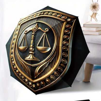 Automatic Folding Umbrella Golden scales of justice emblem. Portable collapsible design, casual outdoor accessory, for all seasons, Christmas birthday festival gift