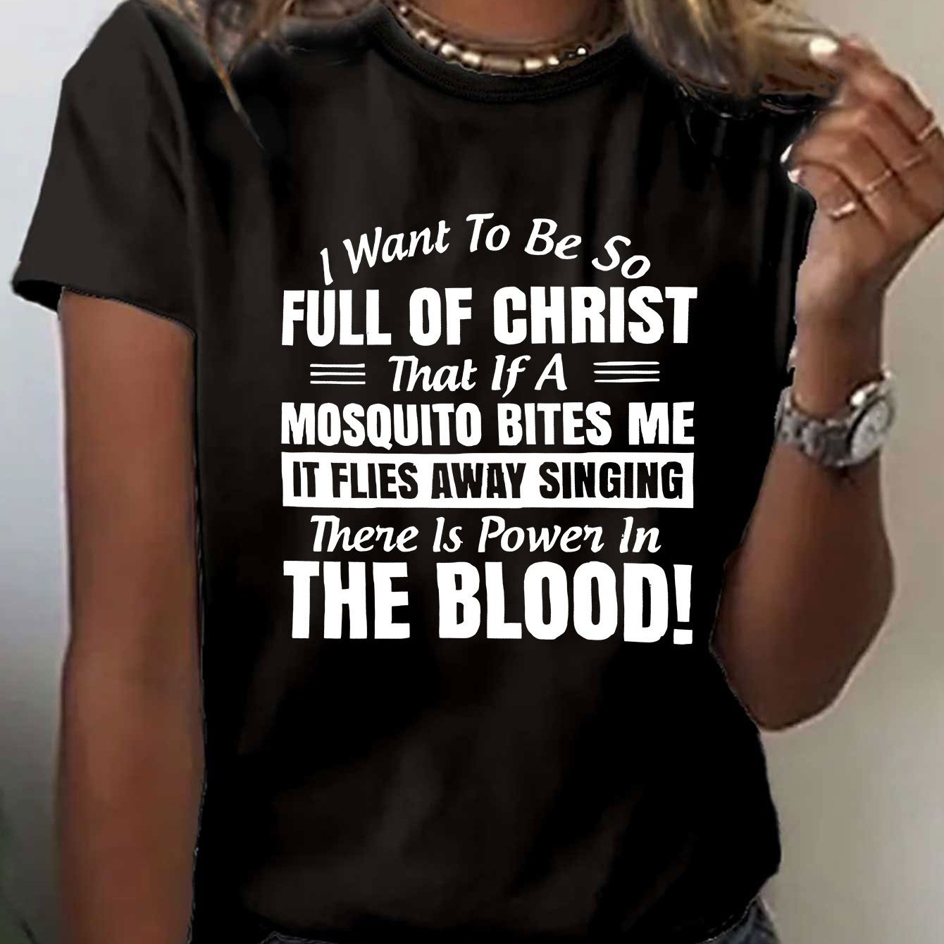 Women'S Casual Red T-Shirt with Inspirational Christian Quote - "I Want to Be So Full of Christ That If a Mosquito Bites Me It Flies Away Singing There is Power in the Blood!" - Short Sleeve, Round Neck, Spring & Summer Top,