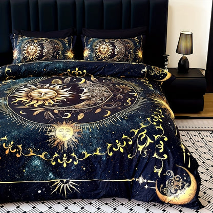 3pcs Duvet Cover Set, Polyester 90g Woven, Digital Printed Golden Sun Moon Planet Pattern, Machine Washable, All-season for Home Dormitory, 1 Duvet Cover + 2 Pillowcases (No Insert)