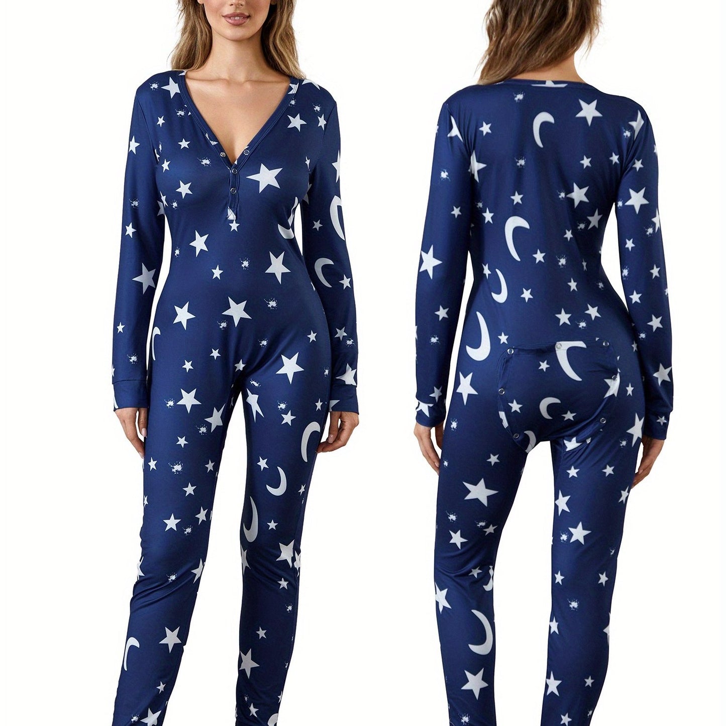 Women Functional Buttoned Flap Jumpsuit Sleepwear Solid Color Printed Long Sleeve Homewear Pajamas