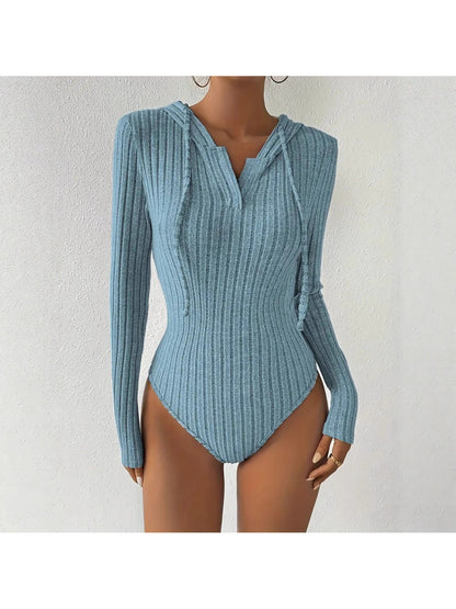 Women's Jumpsuit, V-neck Hooded Jumpsuit for Women, High-slit Bikini-style Slim-fit Loungewear, Brushed Ribbed Hooded Solid Color Jumpsuit and Romper