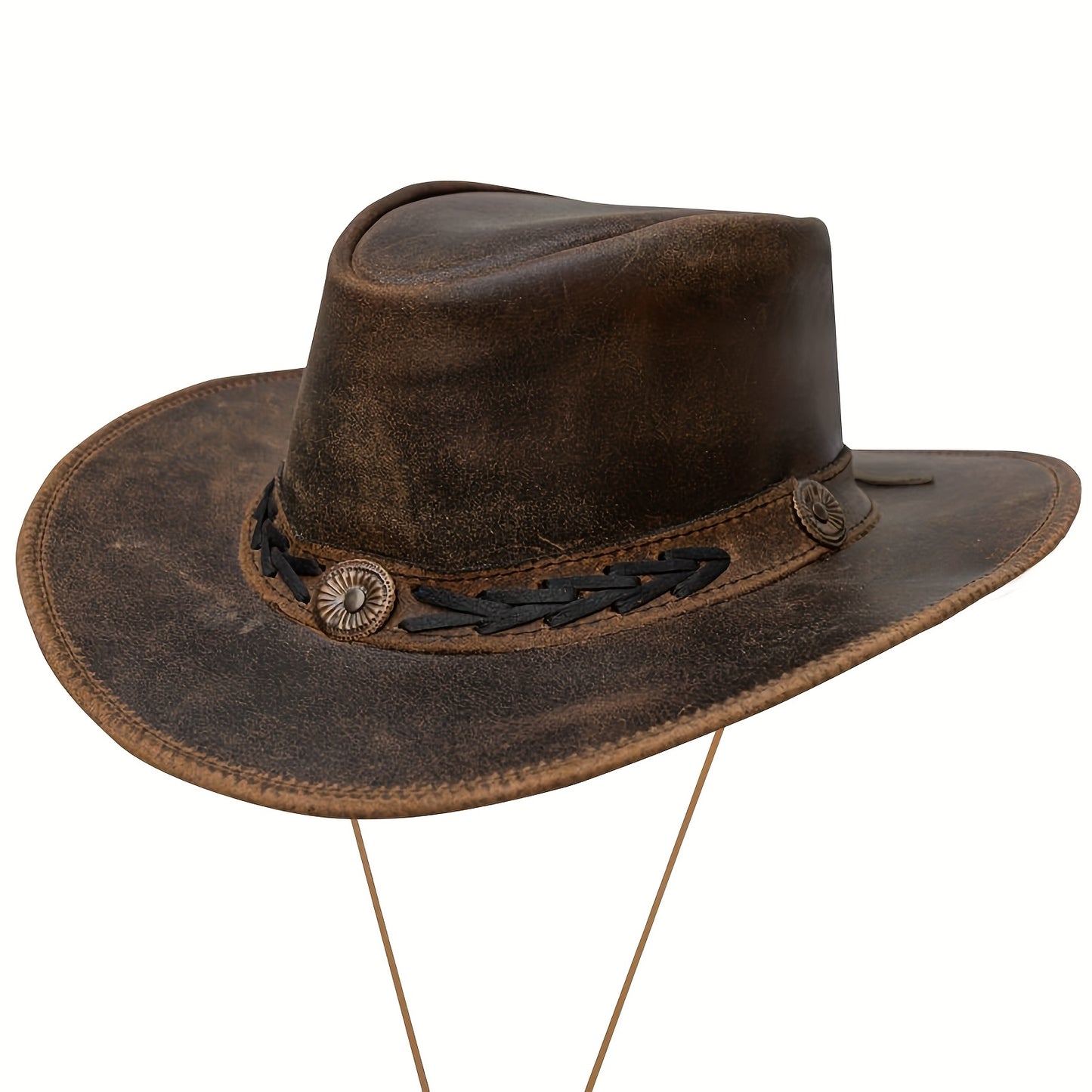 Brown Leather Cowboy Hat For Men Women Western Australian Outback Hat With Shapeable Wide Brim, Aussie Style Genuine Leather Hat