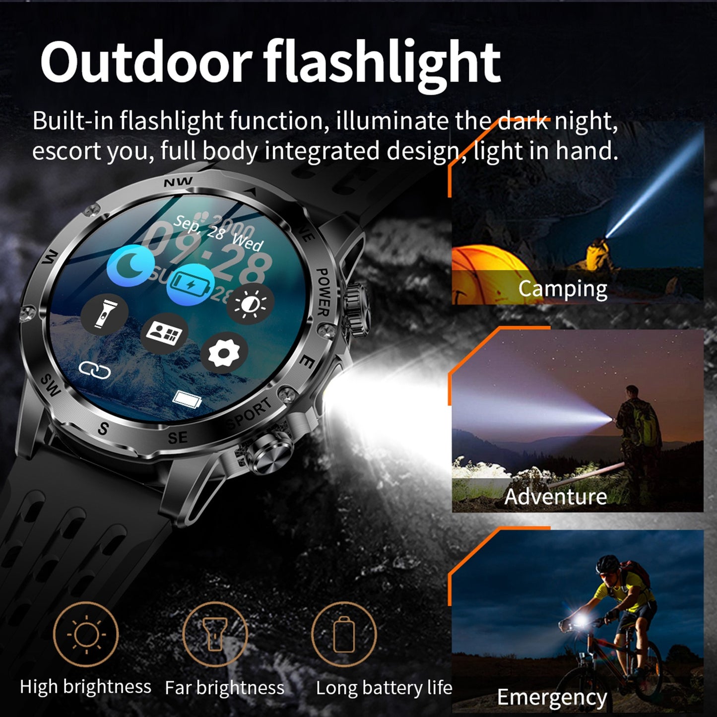 Men'S Smart Watch, Waterproof Smart Watch, Suitable for Outdoor Sports, IP68 Deep Waterproof, Waterproof Speaker, LED Flashlight, Call Answering, Music Control, 800Mah Battery, Compass, Compatible with Iphone And Android Phon