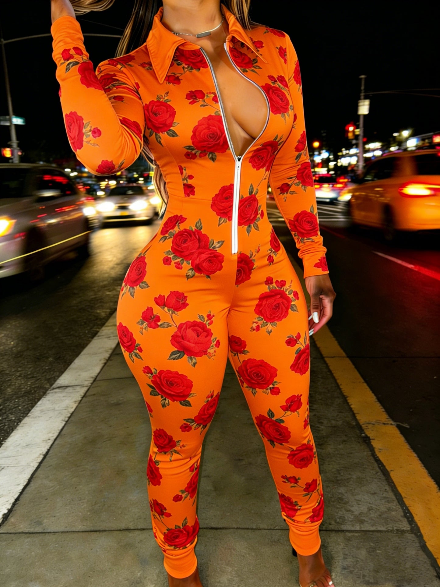 Red Rose Print Casual Women's Half Zipper Jumpsuit, Floral Pattern Casual Wear, Outdoor S Women's Long Sleeved Lapel Sweatshirt Jumpsuit, Fashionable Spring Half Zipper Slim Fit Jumpsuit, Women's Gift, Soft Fabric, Machine Wa