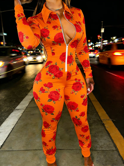 Red Rose Print Casual Women's Half Zipper Jumpsuit, Floral Pattern Casual Wear, Outdoor S Women's Long Sleeved Lapel Sweatshirt Jumpsuit, Fashionable Spring Half Zipper Slim Fit Jumpsuit, Women's Gift, Soft Fabric, Machine Wa