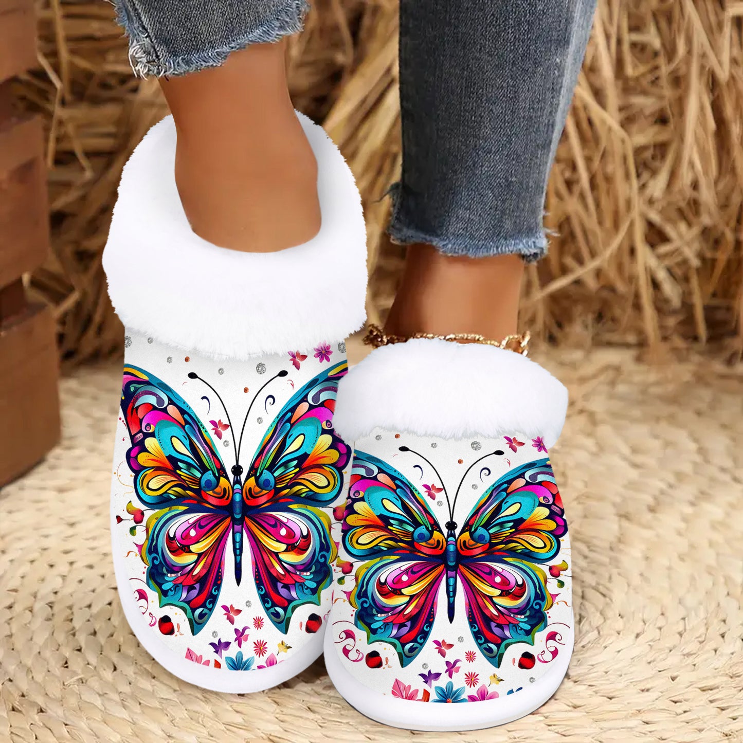 Women's Plush Butterfly Print Slip-On Slippers with Non-Slip Rubber Sole - Cozy Plush Indoor/Outdoor House Shoes, Winter Warm & Butterfly Wing Design (Pink/Blue/Purple/Green/Yellow) - Butterfly-Themed Gift for Grandma, Mom,