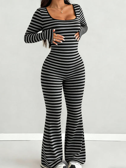 Women's Elegant Slim-Fit Jumpsuit with U-Neck & Bell-Bottom Pants - Black/Gray Stripe Romper, Long Sleeve - Outfit for Weddings, Parties, Casual Wear - Machine Washable Matching Ensemble