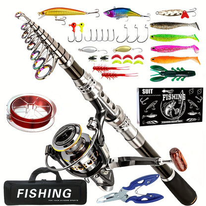 Carbon Fiber Telescopic Fishing Rod and Reel Combo with Spinning Reel - Fast Action Light Power Lightweight Travel-Friendly Freshwater & Saltwater Fishing Kit, Collapsible Design with Carrier Bag, Lures, Hooks, Pliers & Acces