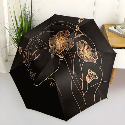 Women'S Automatic Open/Close Umbrella - Elegant Black & Golden Floral design, Compact Folding Umbrella with Minimalist Line Art Profile, Travel, Everyday, Formal Events - Ideal Gift for Women, Outdoor Accessory, Stylish Acces