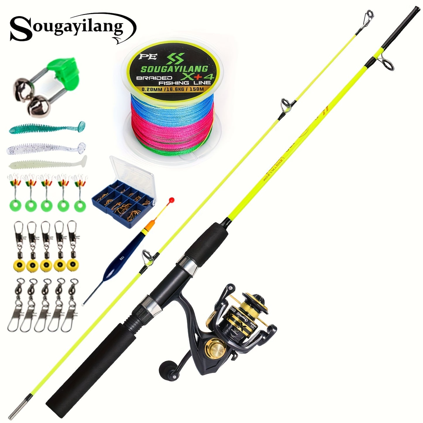 Sougayilang Fishing Rod and Reel Set, Two-Section Straight Handle Spinning Reel Combo with 5.2:1 Gear Ratio for Blackfish, Trout, Bass, Dogfish, and Carp - Beginner-Friendly Complete Tackle Kit with Random Color Line and Bait