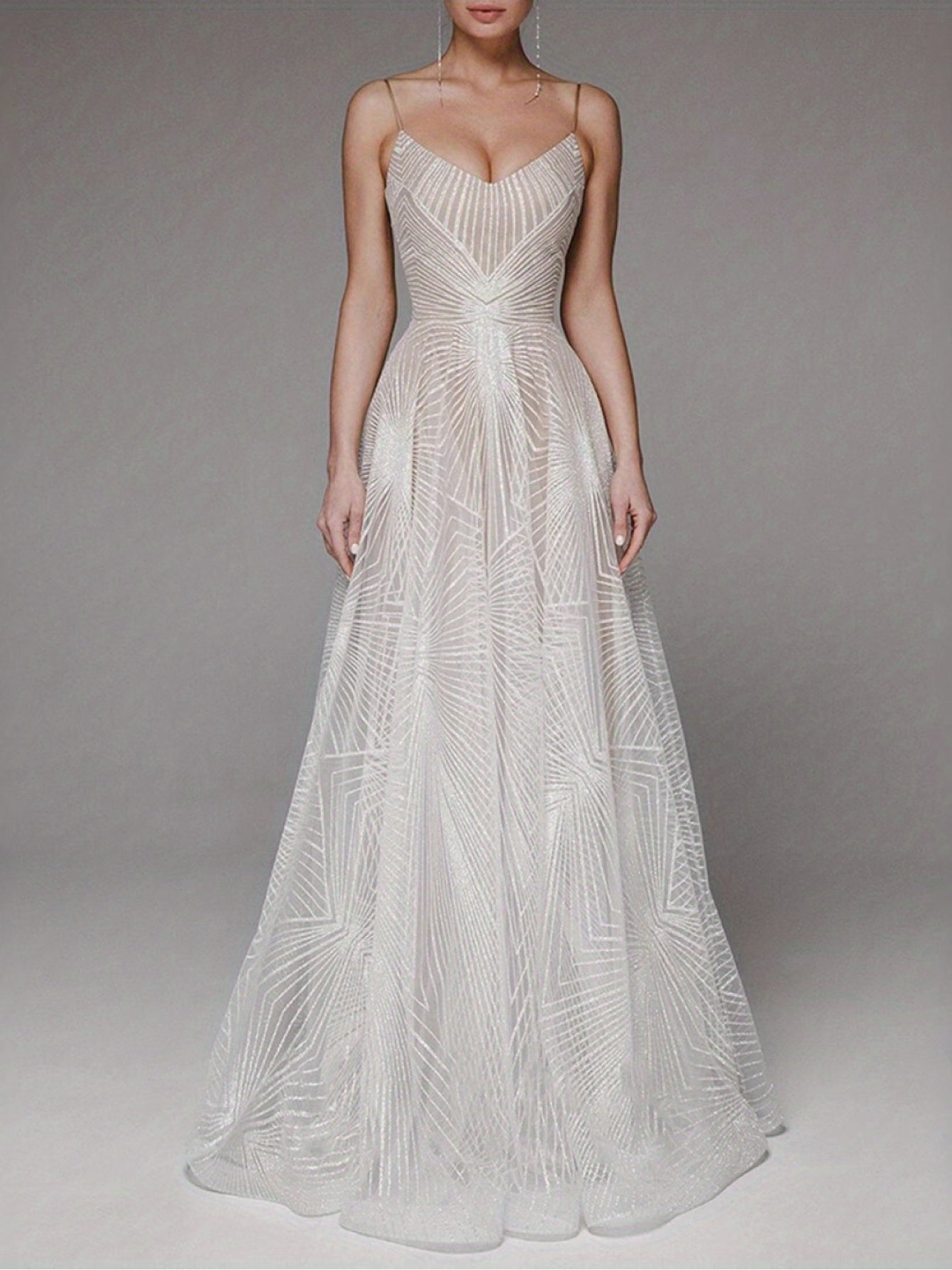 Geometric Beaded Spaghetti Strap V-Neck Flared Wedding Dress, Lightweight Tulle Fitted Gown, Simple and Elegant Style