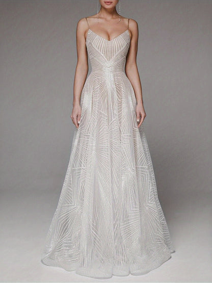 Geometric Beaded Spaghetti Strap V-Neck Flared Wedding Dress, Lightweight Tulle Fitted Gown, Simple and Elegant Style