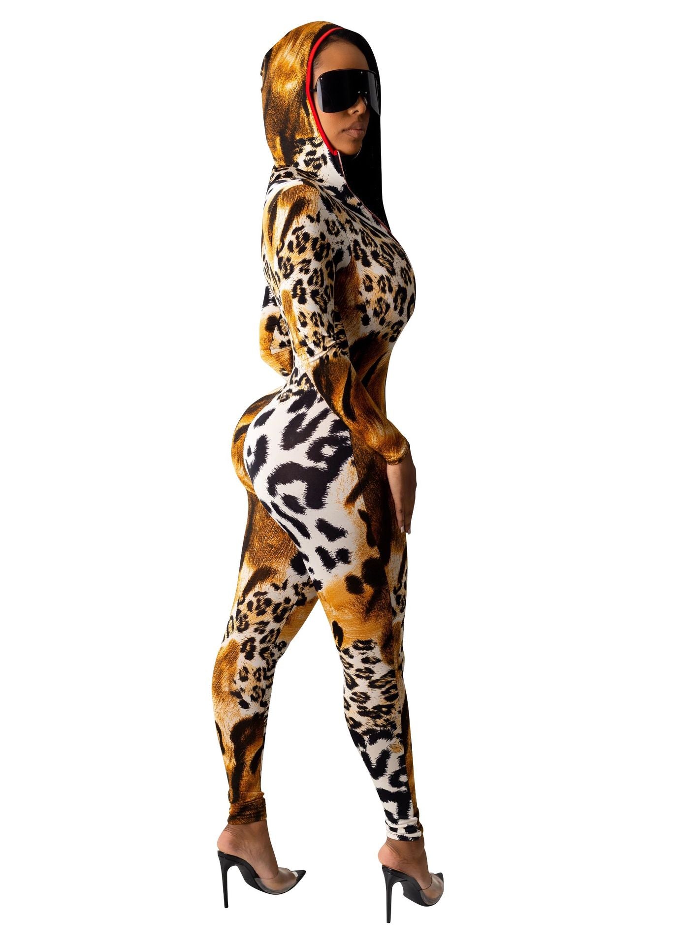 Summer Women'S Fitted Jumpsuit with a Leopard Print, V-Neck, And Long Sleeves Featuring a Hood