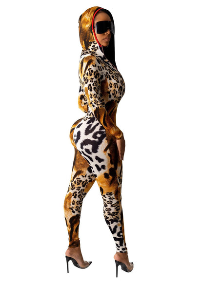 Summer Women'S Fitted Jumpsuit with a Leopard Print, V-Neck, And Long Sleeves Featuring a Hood