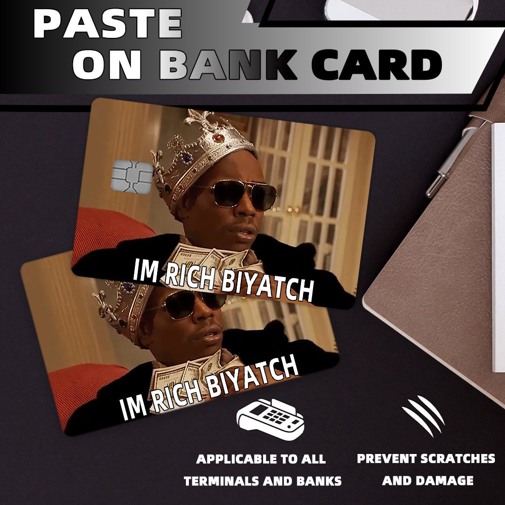 4pcs Waterproof PVC Card Skins - Funny "I'M RICH BIYOTCH" Golden Card Design Stickers | Scratch-Resistant, Non-Slip Glossy-like for Credit/Debit Cards & Keychains | Ultra-Thin Durable Disposable VIP-Style Protectors (Matte Vi