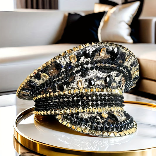 Steampunk Bling Rhinestone Captain Hat - Sparkly Glamorous Adjustable Sequin Military Cap for Halloween Decorations, Cosplay Costume & Party Supplies | Vintage Party Hats with Leopard Print for Rave, Carnival, Burning for Man
