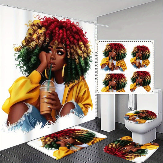 1/3/4pcs, Colorful Afro Woman 2D FLAT Shower Curtain and Non-Slip Bathroom Rug Set - Vibrant and Stylish Bath Decor Suitable for various home scenarios Exquisite and practical home decoration gift, 2D Flat