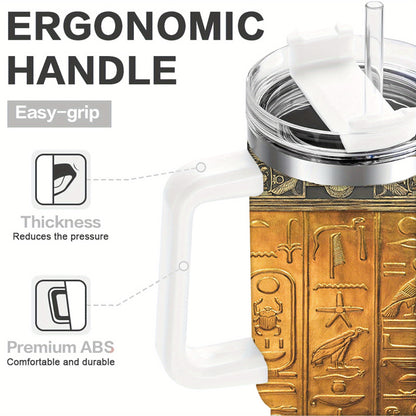 40oz Egyptian Art Style Tumbler, Double Wall Vacuum Insulated Travel Mug, Spill Proof Lid, Perfect Gift for Dad, Mom, Ideal for Christmas, Thanksgiving, Valentine's, Mother's, Father'S Day, Gift for birthday, Coffee Cup