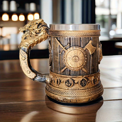 Vintage Medieval Handle Beer Mug: 600ml/20.29oz Large Capacity Stainless Steel Mug - Perfect for Summer Beverages, Coffee, or as a Men's Birthday Gift - Hand Wash Only - Resin Cup Collection